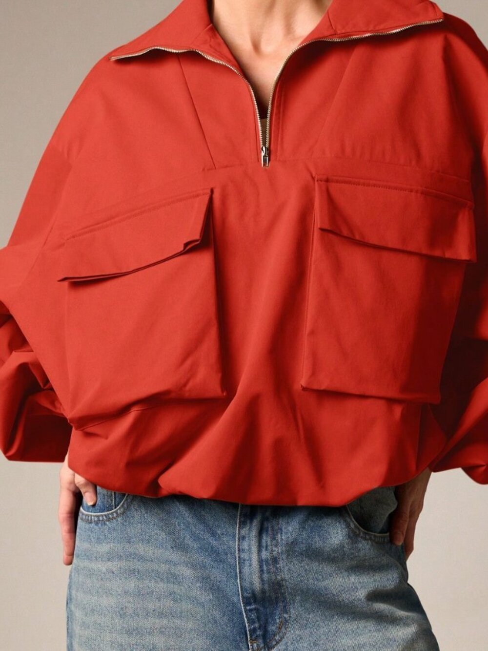 Red Casual Women's Oversized Half Zip Stand Collar Lightweight Outerwear Jacket